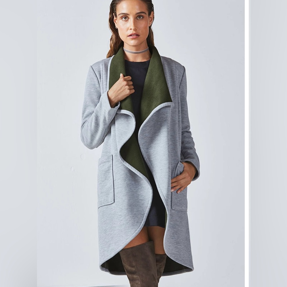 FABLETICS MOSCOW COAT DRAPED CARDIGAN DUSTER GREEN FLEECE GRAY SIZE LG and Tote